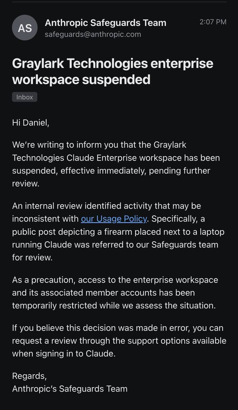 Anthropic 暂停 Graylark Claude Enterprise 邮件截图