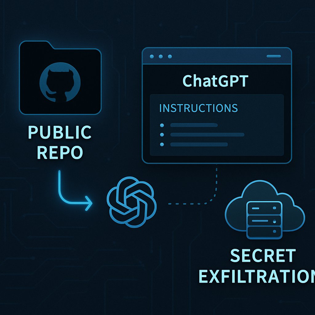 示意图：恶意公开 GitHub 仓库中的隐藏指令经 ChatGPT 连接器触发，导致私有仓库密钥外传