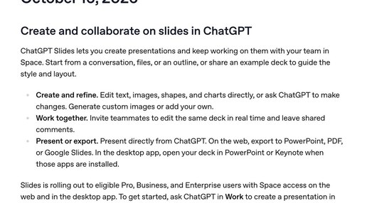 ChatGPT Slides 界面截图：在 Space 中创建与协作演示文稿