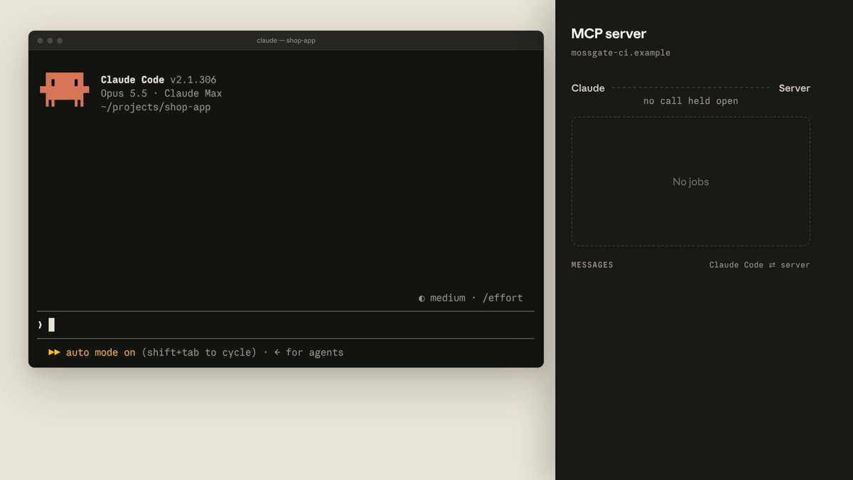 ClaudeDevs 官方演示截图：MCP Tasks 让长任务后台回报