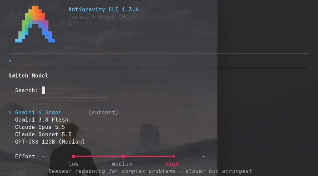 Antigravity CLI 1.3.6 模型切换界面，已选中 Gemini 4 Argon，推理强度为 high