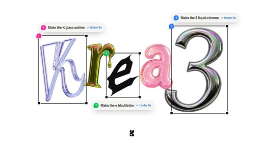 Krea 3 官方头图：对字母分别做玻璃、哥特体、液态铬等局部编辑