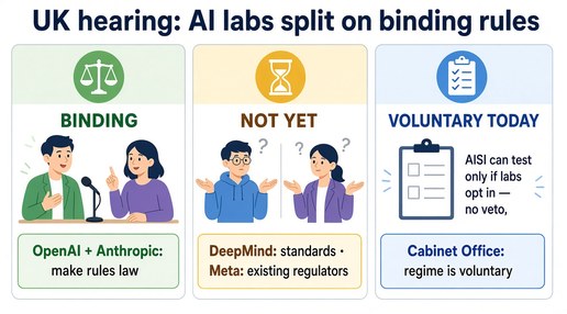 UK hearing infographic: AI labs split on binding safety rules